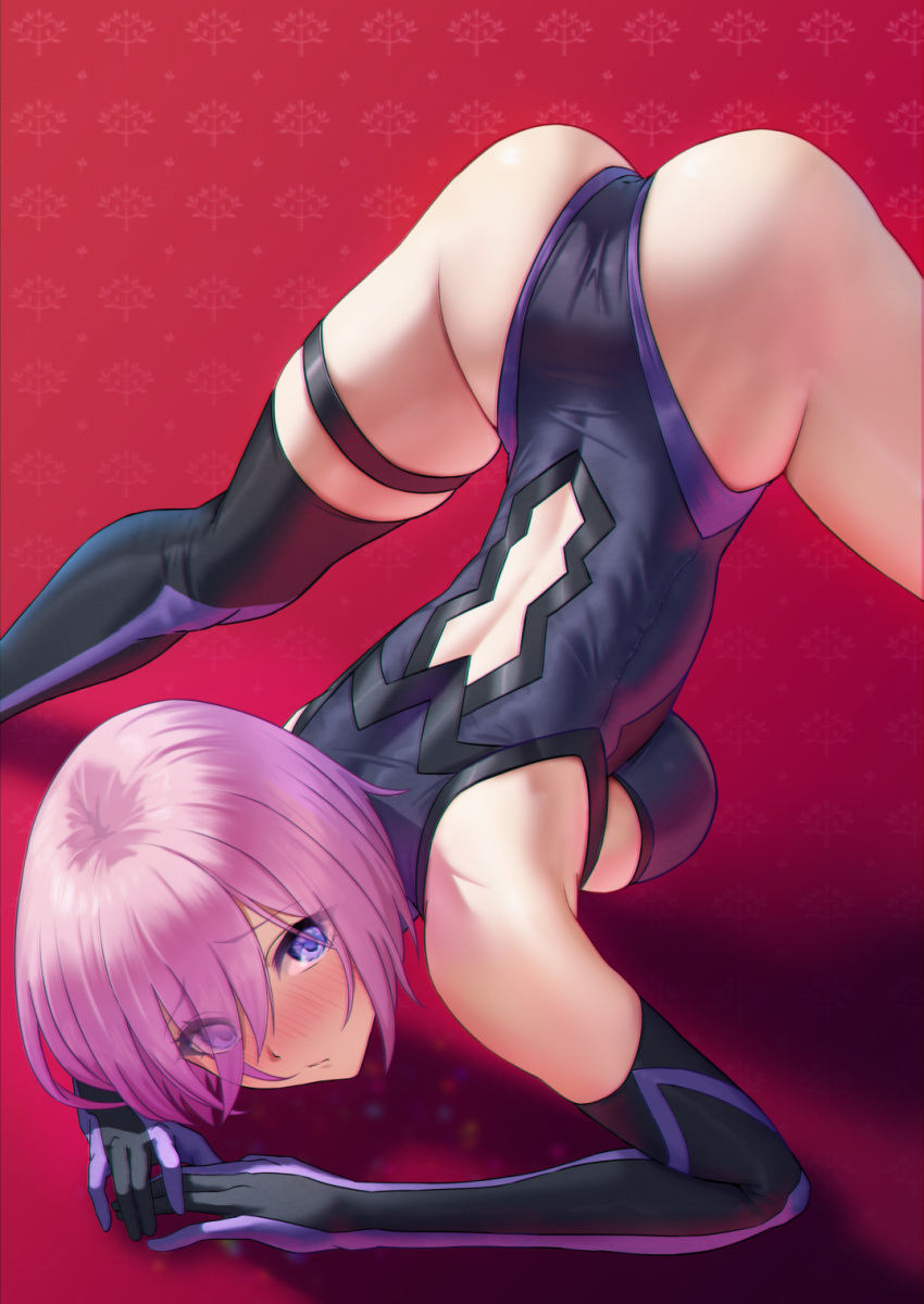 1girl arm_rest ass black_leotard breasts fate/grand_order fate_(series) flexible guilty_gear guilty_gear_strive hair_over_one_eye highres jack-o'_challenge legs leotard mash_kyrielight medium_breasts meme pose purple_hair shiny shiny_hair shiny_skin short_hair solar_(happymonk) solo spread_legs stretch top-down_bottom-up violet_eyes wide_spread_legs