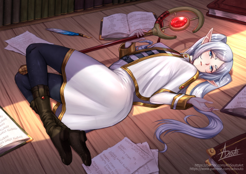 1girl adsouto blue_eyes book boots breasts capelet dress elf frieren full_body grey_hair highres holding holding_staff long_hair looking_at_viewer lying mage_staff on_back pages parted_lips pointy_ears quill signature small_breasts solo sousou_no_frieren staff twintails variant_set white_capelet white_dress wooden_floor