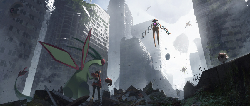 1girl absurdres arm_up asteroid_ill city commentary_request day deoxys deoxys_(normal) flygon flying fog from_below gen_3_pokemon gen_7_pokemon gen_8_pokemon highres hood hood_down hooded_jacket huge_filesize jacket leggings long_sleeves minior mythical_pokemon orbeetle outdoors pokemon pokemon_(creature) rock ruins solrock standing window