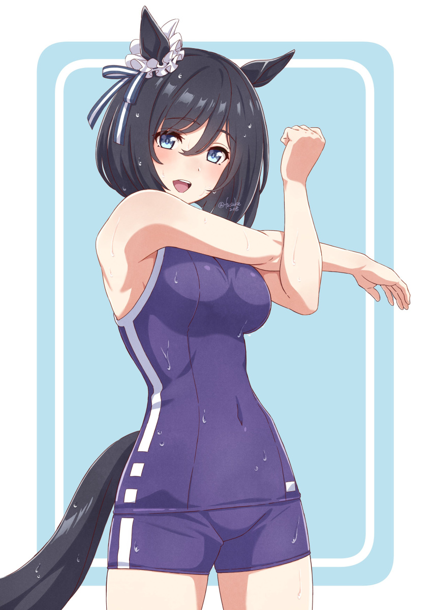 1girl :d absurdres animal_ears black_hair bloomers blue_eyes blush breasts covered_navel eishin_flash_(umamusume) fuusuke_(fusuke208) highres horse_ears horse_girl horse_tail looking_at_viewer medium_breasts open_mouth shirt short_hair smile solo sportswear stretch tail tight tight_shirt umamusume underwear