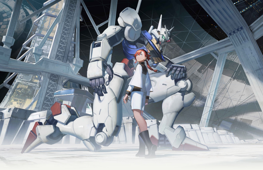 1girl aqua_eyes bangs blue_eyes glowing glowing_eye green_jacket green_shorts gundam gundam_aerial gundam_suisei_no_majo hand_on_own_knee highres jacket key_visual looking_up mecha mobile_suit mogumo official_art one_knee open_hand promotional_art protagonist_(gundam_suisei_no_majo) redhead science_fiction shorts