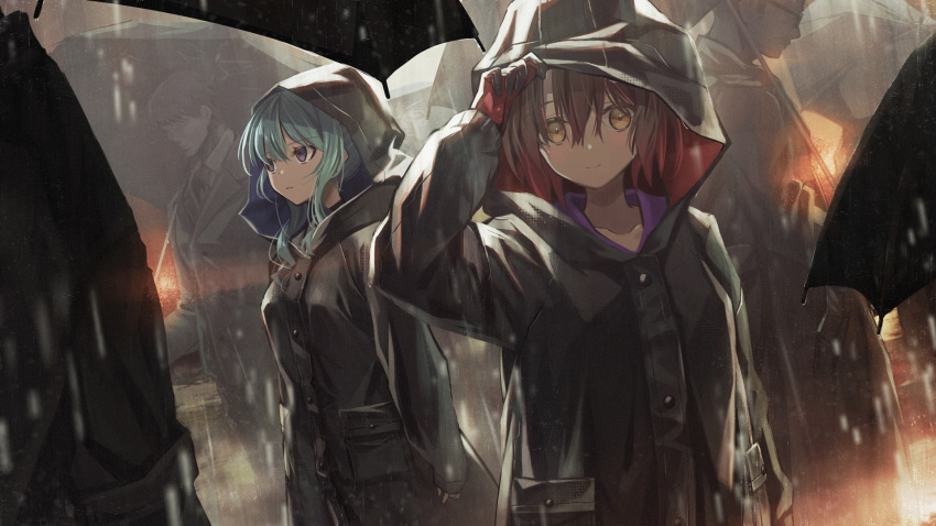 2boys 2girls anzi arm_up bangs black_gloves black_jacket black_pants blue_hair brown_eyes brown_hair closed_mouth collarbone collared_shirt commentary_request eyebrows_visible_through_hair gloves hair_between_eyes highres holding holding_umbrella hololive hood hood_up hooded_jacket hoshimachi_suisei jacket long_sleeves looking_at_viewer looking_away multicolored_hair multiple_boys multiple_girls outdoors pants rain red_gloves redhead roboco-san shirt smile streaked_hair umbrella upper_body violet_eyes virtual_youtuber white_shirt