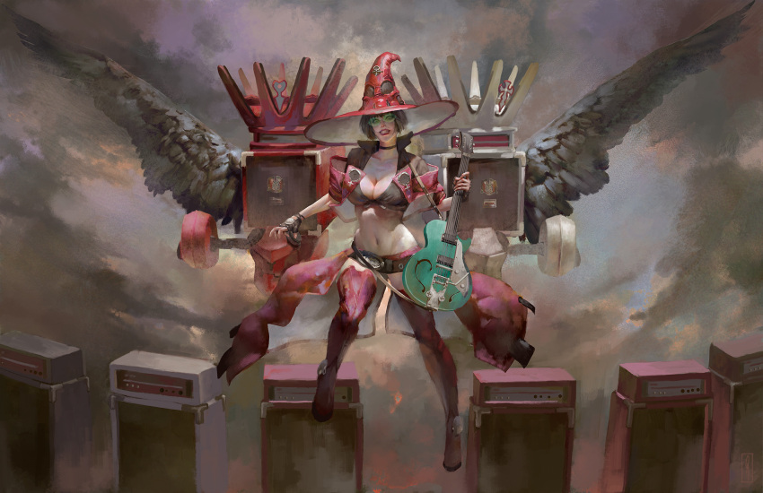 amplifier_(instrument) black_hair boots christian_angel electric_guitar guilty_gear guilty_gear_strive guitar hat highres i-no instrument jacket midriff music navel red_legwear sunglasses thighs wings witch_hat