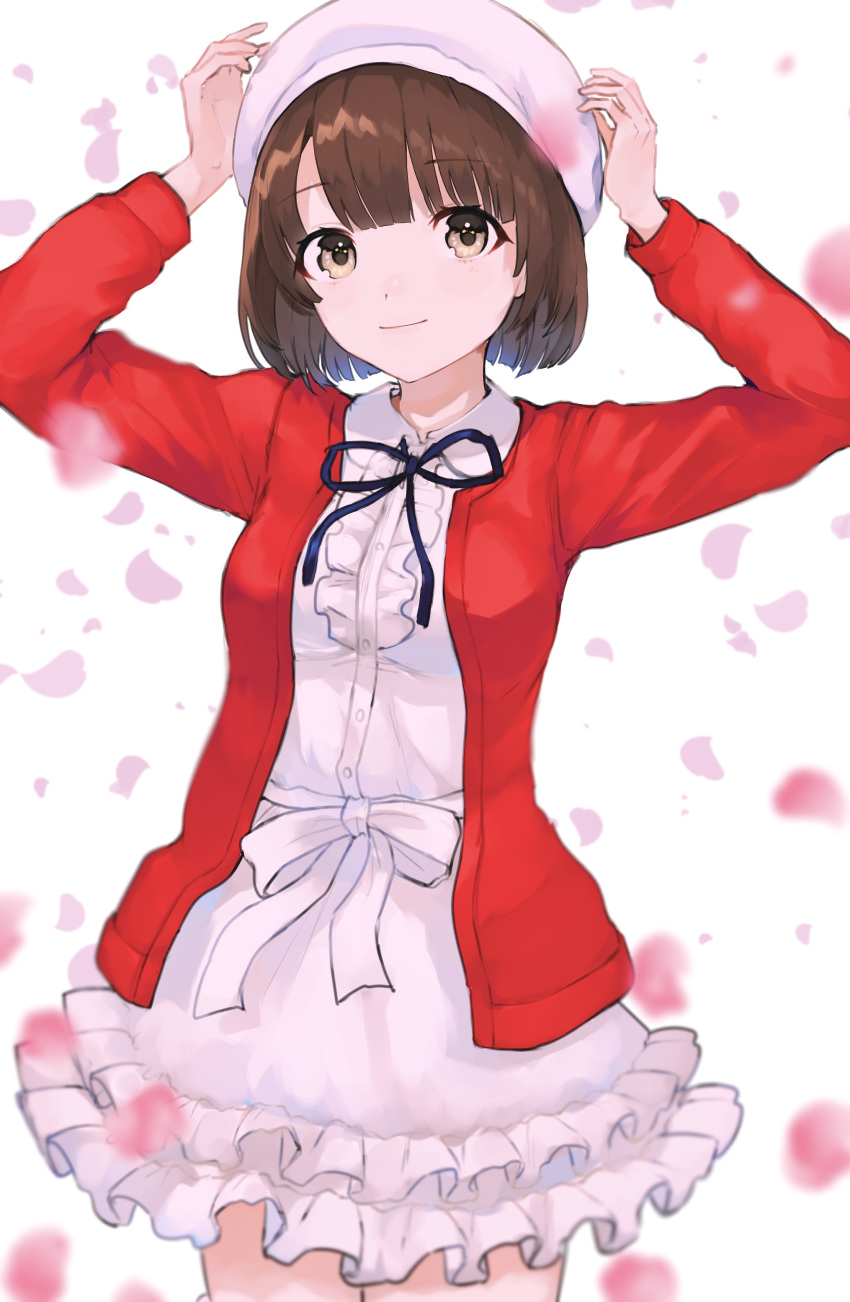 1girl absurdres adjusting_clothes adjusting_headwear bangs beret black_neckwear blunt_bangs bob_cut bow bowtie brown_eyes brown_hair cardigan cherry_blossoms commentary_request cowboy_shot dress frilled_dress frills hand_to_head hands_up hat highres katou_megumi light_smile looking_at_viewer petals pink_dress pink_headwear red_cardigan saenai_heroine_no_sodatekata standing usagiplanet7 white_background