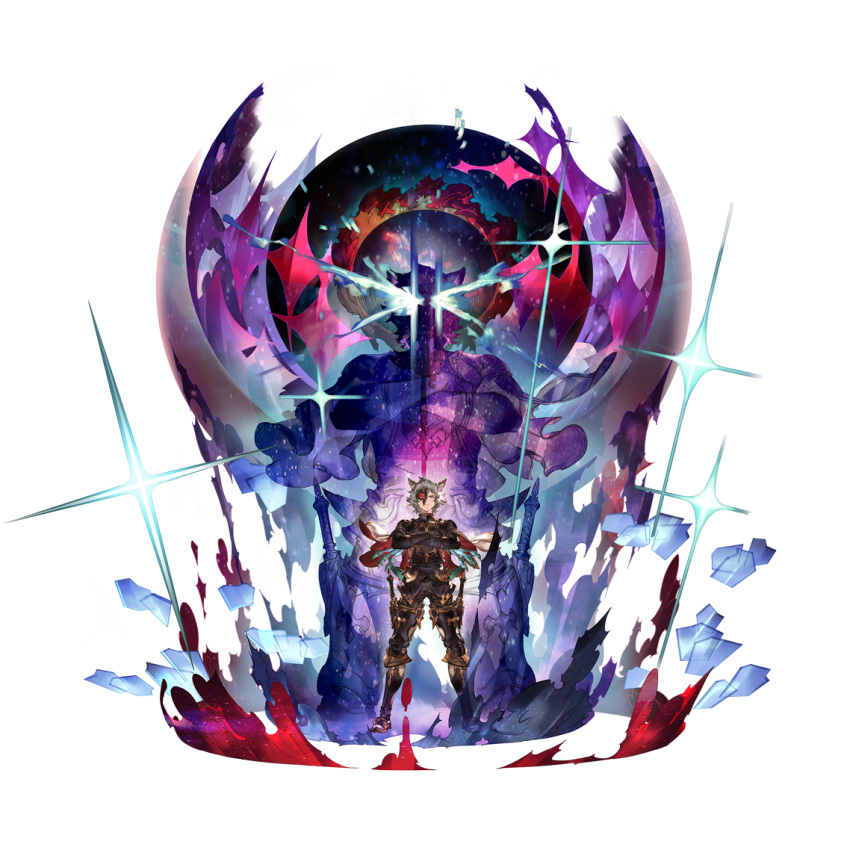 1boy animal_ears aura black_pants blue_eyes blue_hair cape claw_(weapon) crossed_arms erune full_body gloves glowing glowing_eyes granblue_fantasy hood long_sleeves male_focus mask mask_over_one_eye minaba_hideo mole mole_under_eye official_art pants short_hair six_(granblue_fantasy) space standing star_(sky) transparent_background weapon