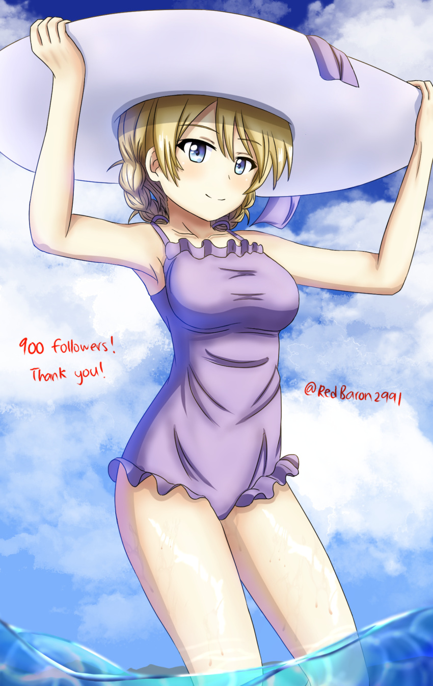 1girl adjusting_clothes adjusting_headwear bangs blonde_hair blue_eyes blue_sky blue_swimsuit braid closed_mouth clouds cloudy_sky cowboy_shot darjeeling_(girls_und_panzer) day english_text eyebrows_visible_through_hair frilled_swimsuit frills girls_und_panzer hat highres looking_at_viewer milestone_celebration one-piece_swimsuit outdoors redbaron short_hair sky smile solo standing sun_hat swimsuit tied_hair twin_braids twitter_username wading wet white_headwear