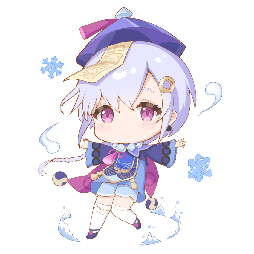 1girl bandaged_leg bandages bangs braid cape chibi chinese_clothes coin_hair_ornament commentary_request earrings eyebrows_visible_through_hair full_body genshin_impact hair_between_eyes hat highres jewelry jiangshi long_hair long_sleeves looking_at_viewer low_ponytail ofuda orb outstretched_arms purple_hair qing_guanmao qiqi_(genshin_impact) shoes shorts sidelocks simple_background single_braid solo spread_arms standing standing_on_one_leg violet_eyes white_legwear yin_yang yin_yang_orb yuetsu zen