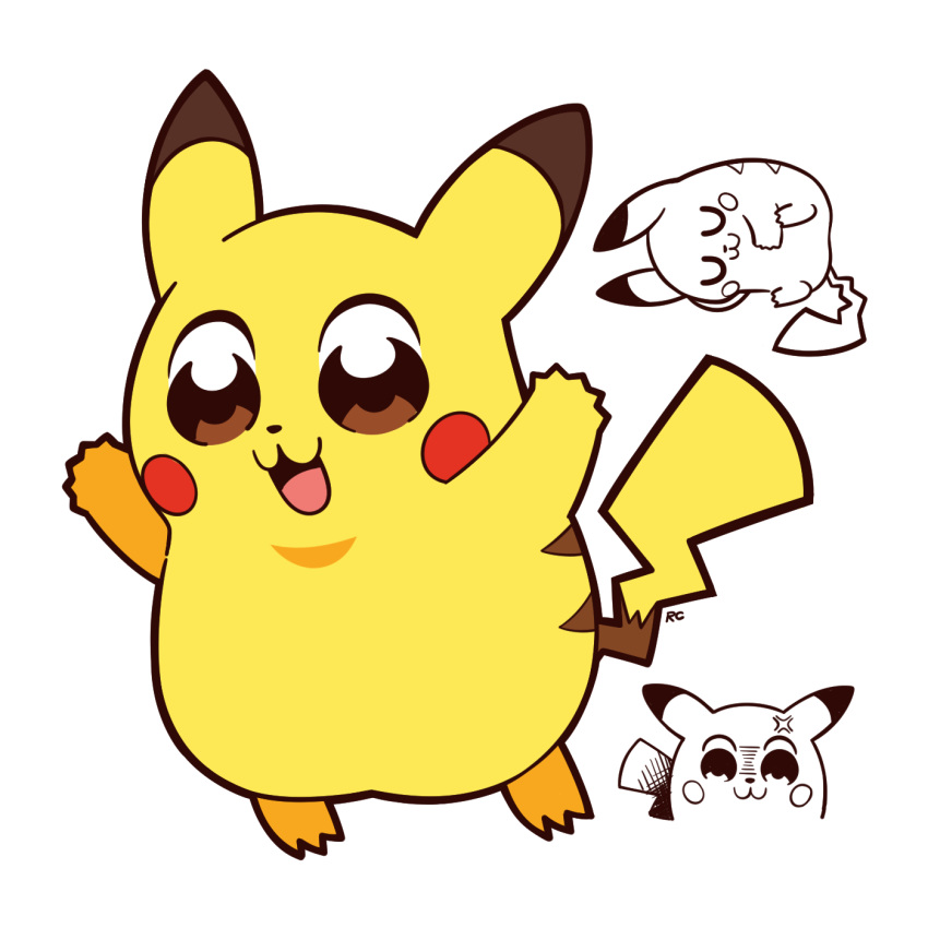 :3 :d anger_vein artsy-rc bkub_(style) gen_1_pokemon hands_up highres jumping multiple_views no_humans open_mouth pikachu pokemon simple_background sleeping smile u_u white_background