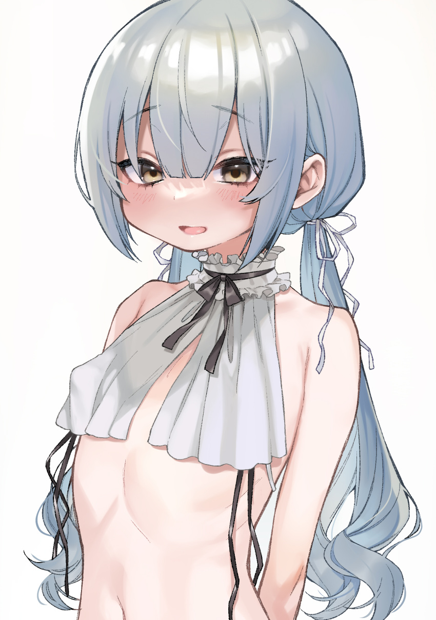 1girl :d absurdres bangs bare_shoulders blush breasts covered_nipples dancho_(dancyo) eyebrows_visible_through_hair highres navel open_mouth original revealing_clothes silver_hair simple_background small_breasts smile solo twintails white_background yellow_eyes