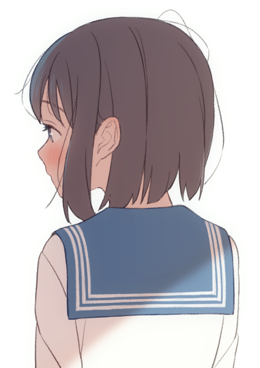 1girl back bangs blue_sailor_collar blush bob_cut brown_eyes brown_hair closed_mouth commentary from_behind hair_strand highres looking_away messy_hair nape natuich original sailor_collar school_uniform serafuku shirt short_hair simple_background solo upper_body white_background white_shirt