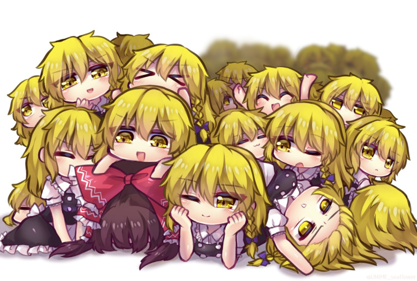 &gt;_&lt; 6+girls :&lt; :3 apron arm_up arms_up bangs black_skirt black_vest blonde_hair blush bow braid brown_hair buttons chibi clone closed_eyes closed_mouth commentary_request dogpile elbow_rest eyebrows_visible_through_hair eyes_visible_through_hair hair_between_eyes hair_bow hair_ornament hair_tubes hakurei_reimu hand_up hands_up kirisame_marisa long_hair looking_at_another looking_at_viewer looking_to_the_side lying multiple_girls no_hat no_headwear one_eye_closed open_mouth puffy_short_sleeves puffy_sleeves purple_bow red_bow seiza shadow shirt short_hair short_sleeves single_braid sitting skirt smile teeth too_many touhou unime_seaflower vest white_apron white_background white_bow white_shirt yellow_eyes