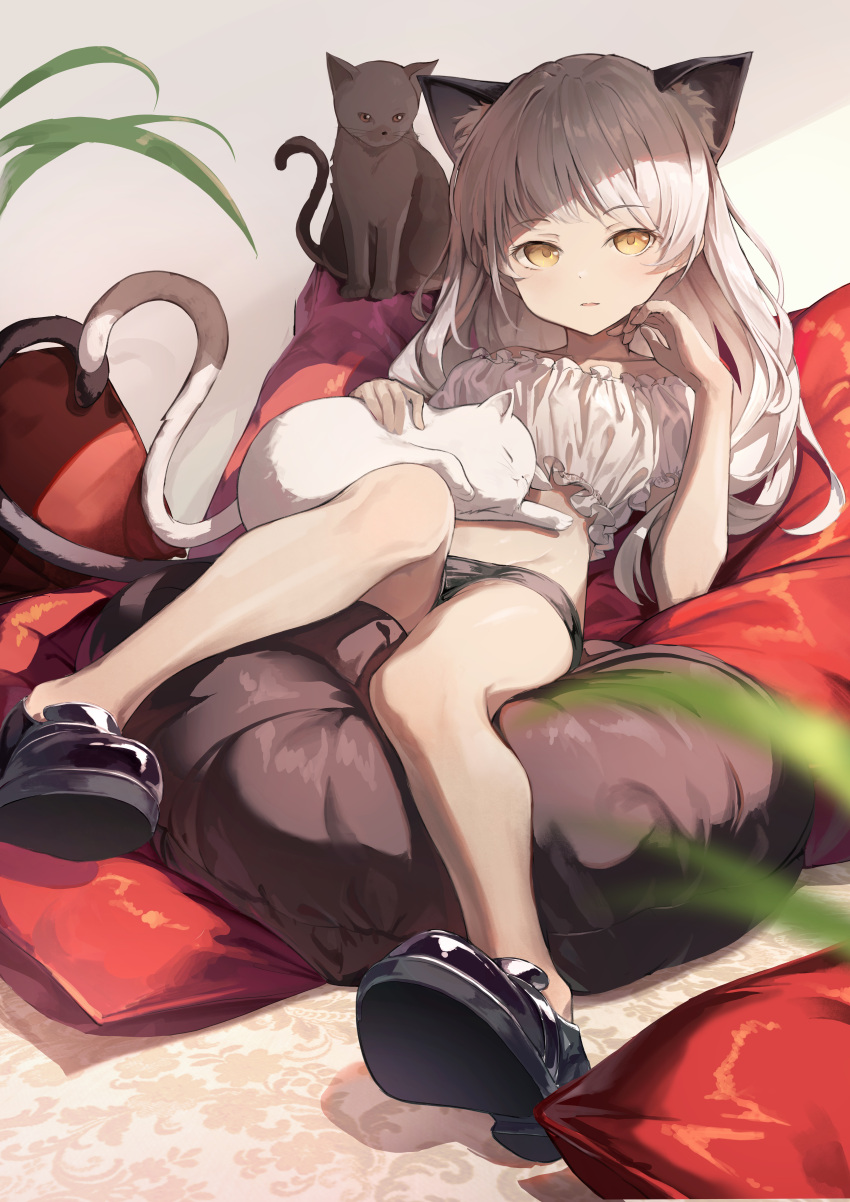 1girl absurdres animal_ear_fluff animal_ears bangs bare_legs black_footwear black_shorts blonde_hair cat cat_ears cat_girl cat_tail commentary crop_top cushion dampi extra_ears eyebrows_visible_through_hair full_body hand_up heart_tail_duo highres long_hair looking_at_viewer lying on_back original parted_lips shirt shoes short_sleeves shorts silver_hair solo tail white_cat white_shirt