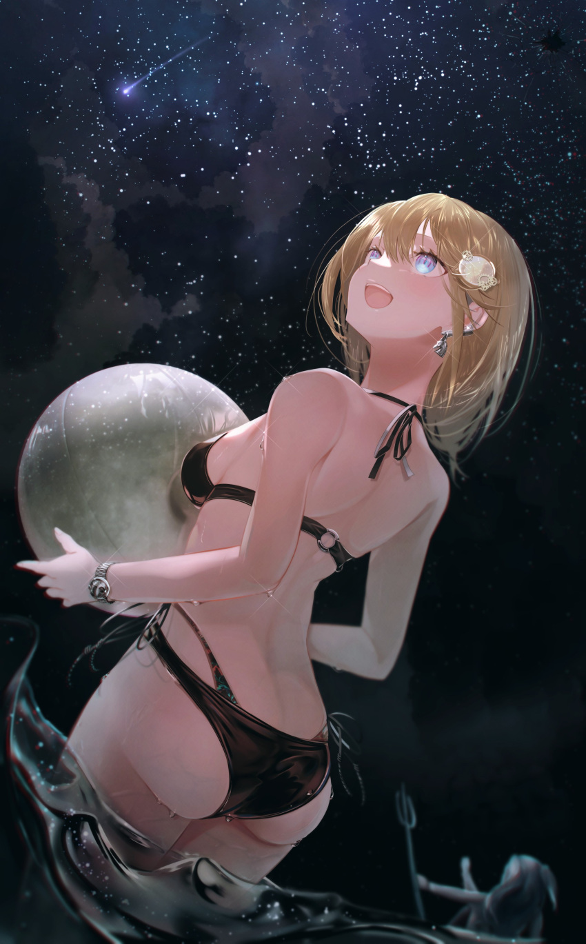 2girls :d absurdres ass ball beachball bikini bikini_bottom bikini_top blonde_hair blue_eyes earrings fugutai_ten gawr_gura hair_ornament highres hololive hololive_english jewelry monocle_hair_ornament multiple_girls ocean open_mouth partially_submerged polearm short_hair sky smile solo_focus star_(sky) starry_sky swimsuit trident virtual_youtuber watch watch water watson_amelia weapon