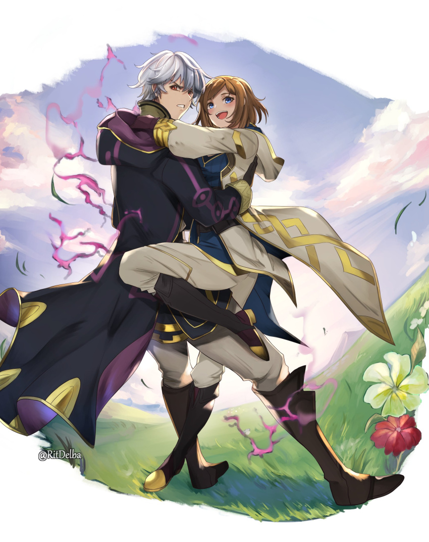 1boy 1girl absurdres annoyed aura bangs blonde_hair blue_eyes boots cloak commission dark_aura dark_persona fire_emblem fire_emblem_heroes flower full_body gloves grass grasslands grima_(fire_emblem) highres hood hood_down kiran_(fire_emblem) looking_at_viewer outdoors red_eyes ritence robin_(fire_emblem) robin_(fire_emblem)_(male) scenery sky smile standing twitter_username white_hair