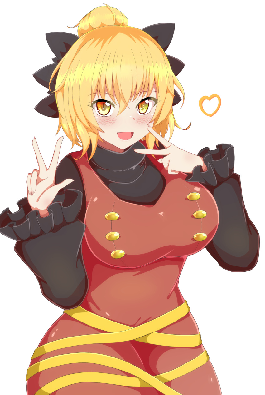 1girl :d bangs black_sweater blonde_hair breasts brown_dress commentary_request cowboy_shot double_v dress eyebrows_visible_through_hair hair_bun heart highres kurodani_yamame large_breasts long_sleeves looking_at_viewer open_mouth seo_haruto short_hair simple_background slit_pupils smile solo standing sweater touhou v white_background yellow_eyes