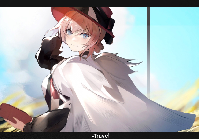 1girl arknights bangs black_headwear blue_eyes breasts cape chinese_commentary commentary_request ears_through_headwear fedora hat heidi_(arknights) highres large_breasts letterboxed pink_hair short_hair solo tabayashi upper_body white_cape