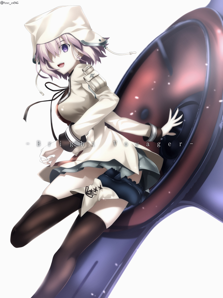 1girl absurdres bangs blush breasts brown_legwear fate/grand_order fate_(series) foo_(pixiv54892036) grey_skirt hair_over_one_eye hat highres jacket large_breasts light_purple_hair long_sleeves looking_at_viewer lostroom_outfit_(fate) mash_kyrielight open_mouth shield short_hair skirt smile solo thigh-highs violet_eyes white_headwear white_jacket