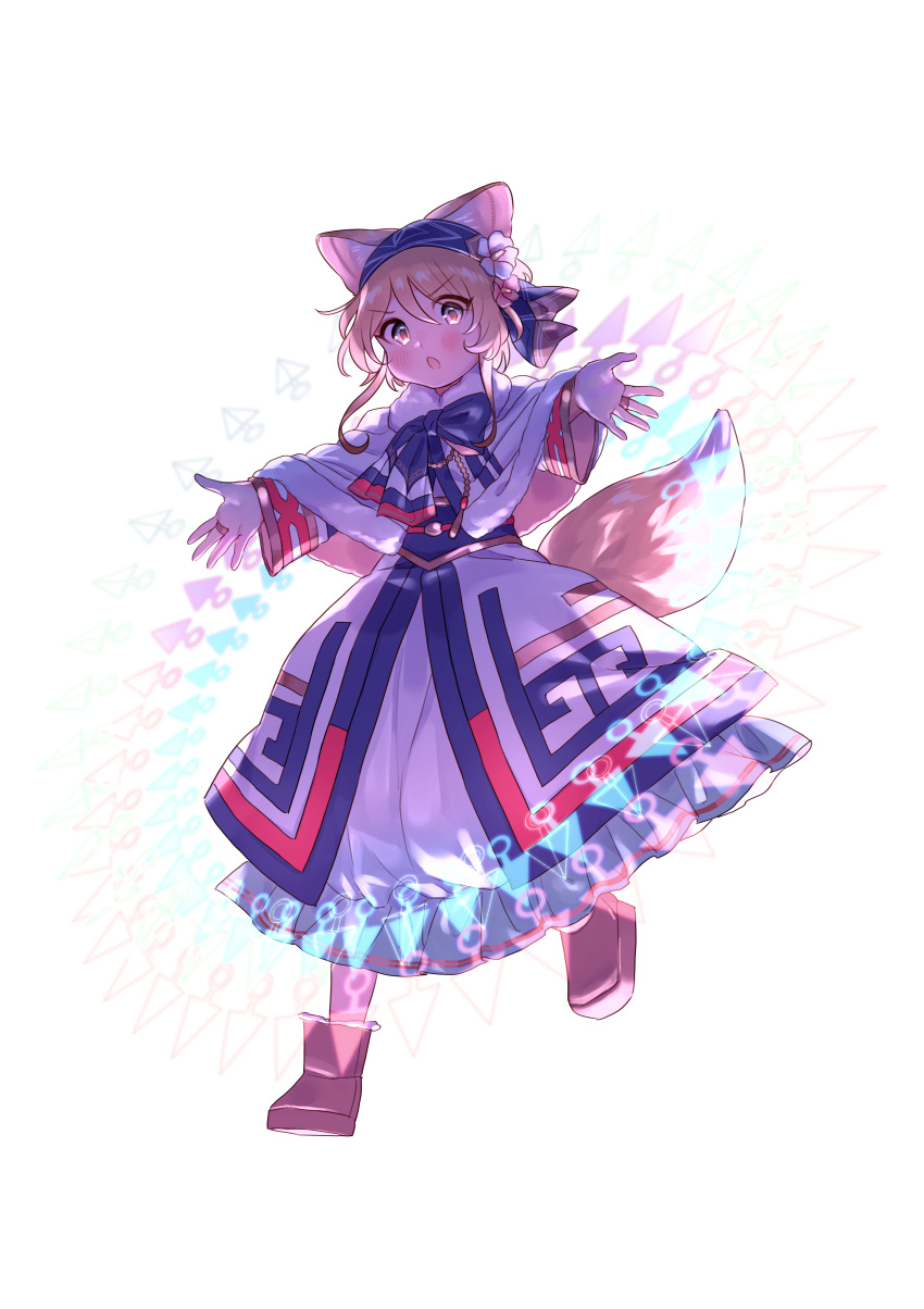 1girl :o absurdres ainu_clothes animal_ears blonde_hair capelet dress fox_ears fox_tail full_body hairband highres jewelry long_sleeves masanaga_(tsukasa) original outstretched_arms ring short_hair spread_arms tail transparent_background v-shaped_eyebrows wide_sleeves