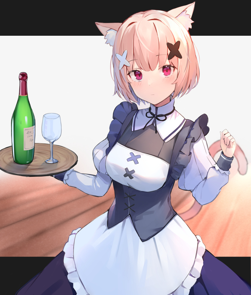 1girl absurdres alternate_costume animal_ears apron blonde_hair blurry blurry_background bottle cat_ears cat_tail clenched_hand commission corset cup dress drinking_glass enmaided feet_out_of_frame frilled_apron frilled_sleeves frills hair_ornament hands_up highres holding holding_plate maid medium_hair nekomata o_o original plate red_eyes ryou_(ponpgo) skeb_commission tail tray wine_bottle wine_glass wooden_floor x_hair_ornament