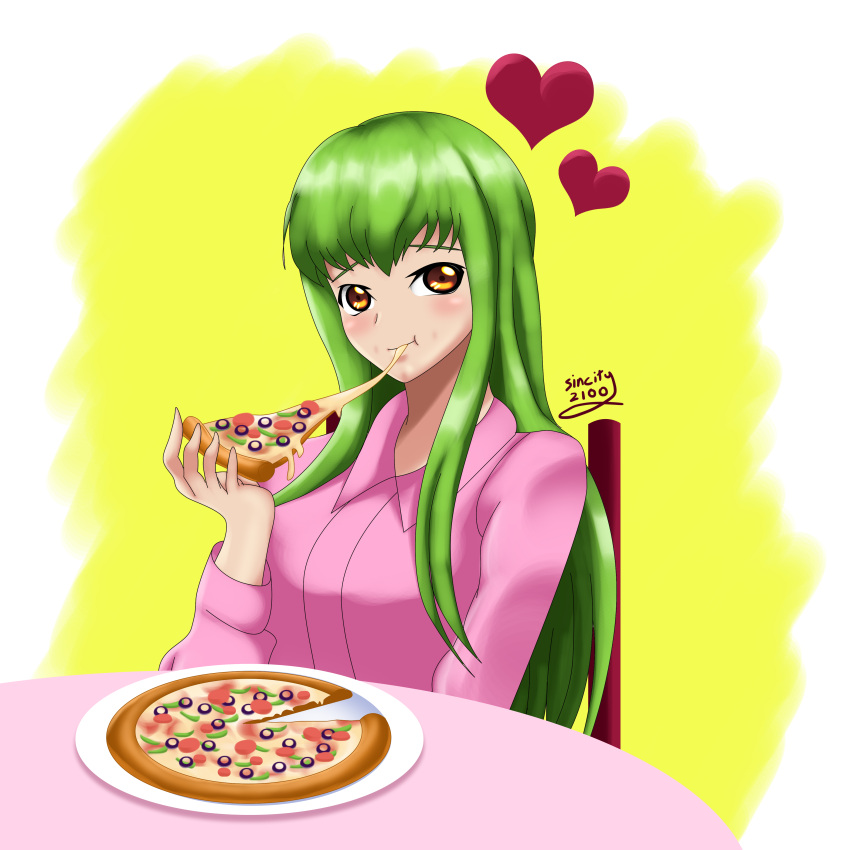 blush brown_eyes c.c. cc chewing code_geass eating food green_hair happy pink_shirt pizza sincity2100