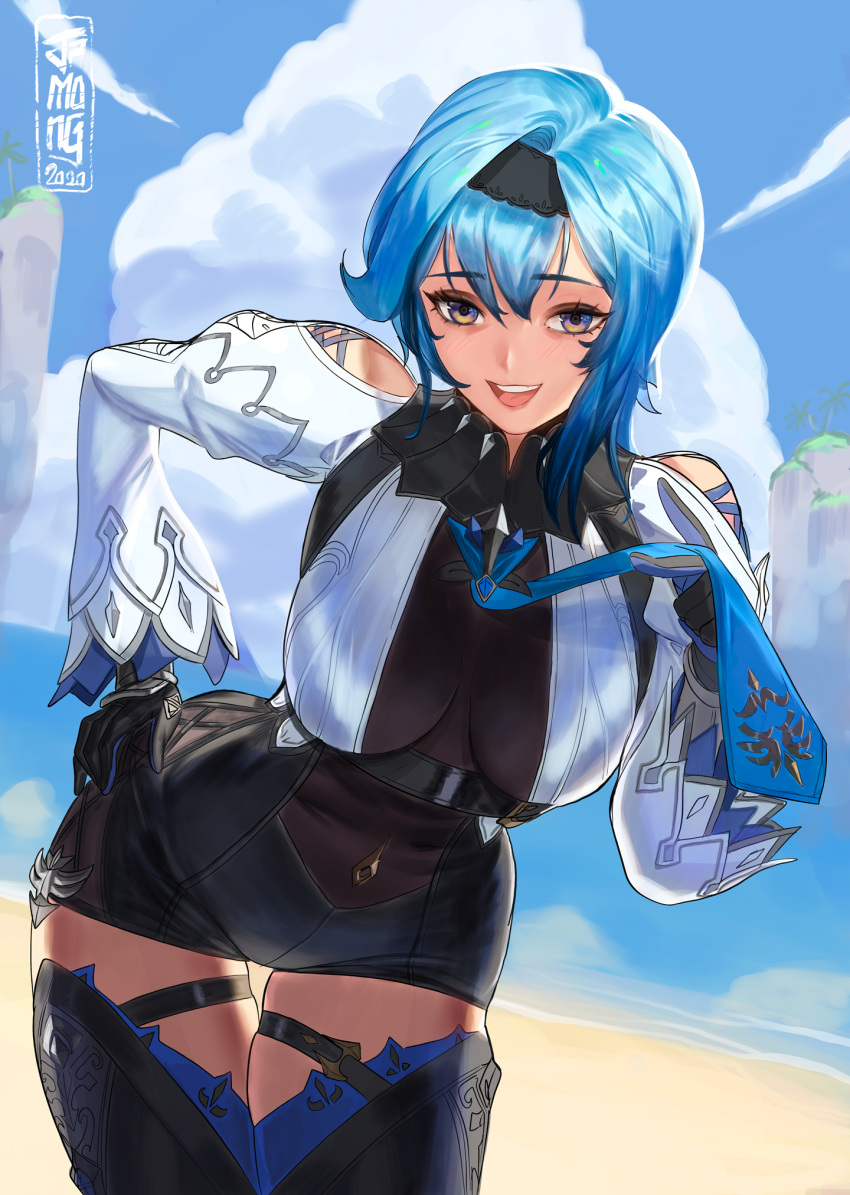 1girl bangs black_gloves black_hairband black_skirt blue_eyes blue_hair breasts clothing_cutout eula_(genshin_impact) eyebrows_visible_through_hair genshin_impact gloves hairband hand_on_hip hand_on_own_shoulder highres ja_mong large_breasts leaning_forward open_mouth procreate_(medium) short_hair shoulder_cutout skindentation skirt smile solo thigh-highs thigh_gap thigh_strap