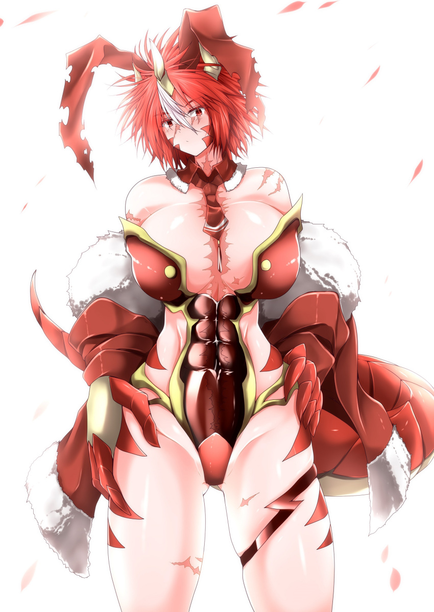 1girl abs absurdres animal_ears bangs bare_legs bare_shoulders breasts claws closed_mouth dein_(g_(genesis1556)) detached_sleeves dragon_girl dragon_horns dragon_tail eyebrows_visible_through_hair g_(genesis1556) groin hair_between_eyes hand_on_hip highres horns huge_breasts leotard looking_at_viewer monster_girl multicolored_hair necktie original playboy_bunny rabbit_ears red_eyes red_leotard red_neckwear redhead scar scar_across_eye short_hair simple_background solo standing streaked_hair tail torn_clothes two-tone_hair white_background