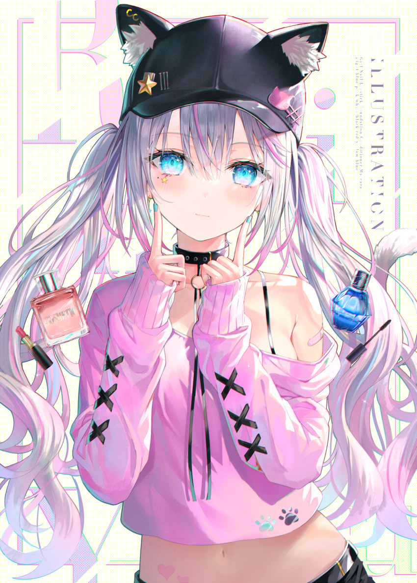 1girl animal_ears bare_shoulders baseball_cap black_choker black_headwear blue_eyes bottle bra_strap cat_ears choker cosmetics crop_top earrings facial_mark fake_animal_ears fingers_to_cheeks hands_up hat highres jewelry lipstick_tube long_hair long_sleeves looking_at_viewer midriff mole mole_under_eye multicolored_hair nail_polish navel off_shoulder original pink_shirt rin_yuu shirt silver_hair smile solo streaked_hair twintails upper_body