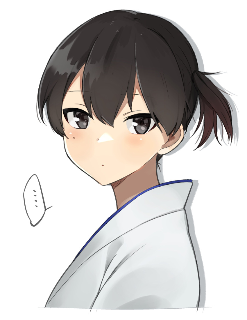 ... 1girl absurdres alternate_hair_length alternate_hairstyle black_hair blue_eyes commentary_request cropped_torso highres japanese_clothes kaga_(kancolle) kantai_collection looking_at_viewer side_ponytail simple_background solo spoken_ellipsis toriniku_senshi_chikinman white_background