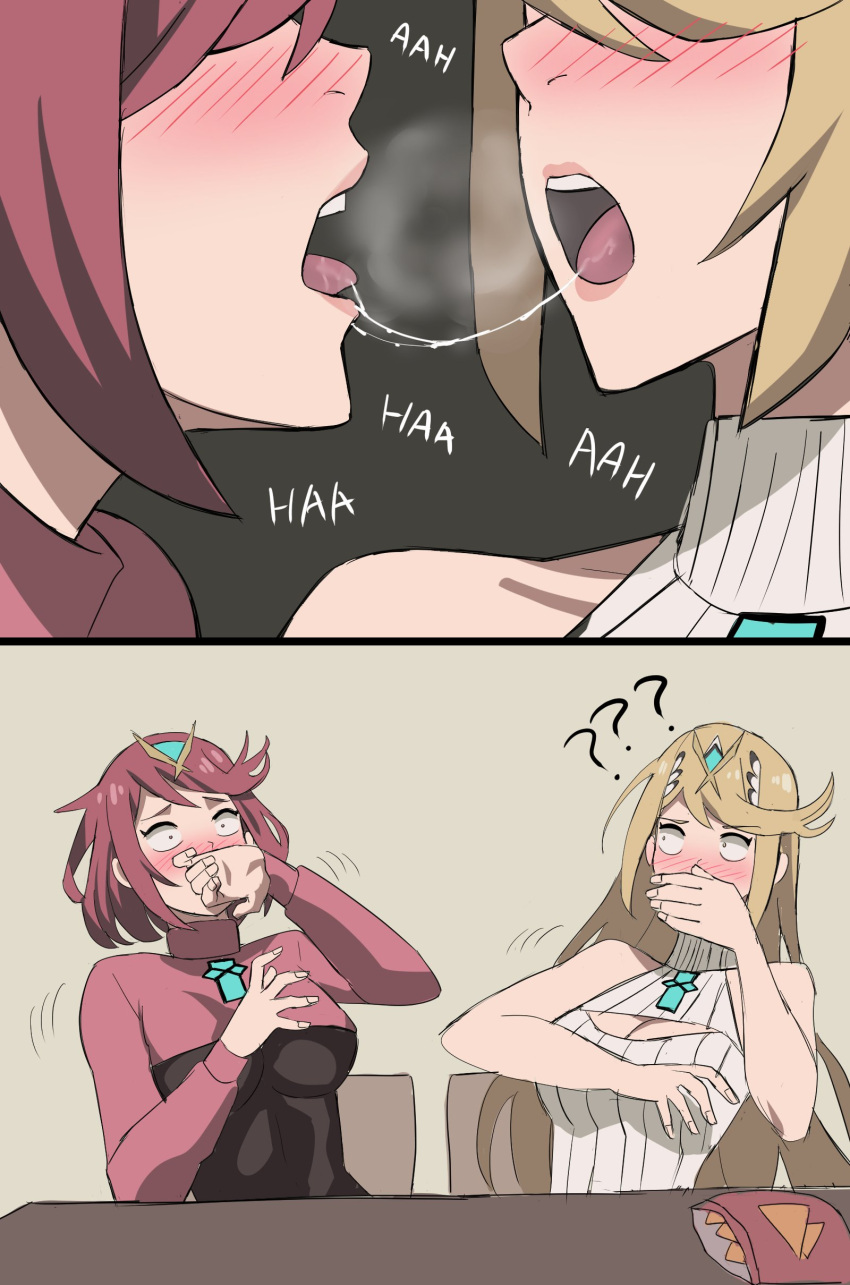 2girls ? ?? absurdres after_kiss alternate_costume bangs blonde_hair blush breasts chest_jewel cleavage_cutout clothing_cutout doritos headpiece highres jourd4n long_hair meme_attire multiple_girls mythra_(xenoblade) open-chest_sweater pyra_(xenoblade) redhead saliva saliva_trail selfcest short_hair sitting sweater swept_bangs tongue turtleneck turtleneck_sweater upper_body very_long_hair xenoblade_chronicles_(series) xenoblade_chronicles_2 yuri