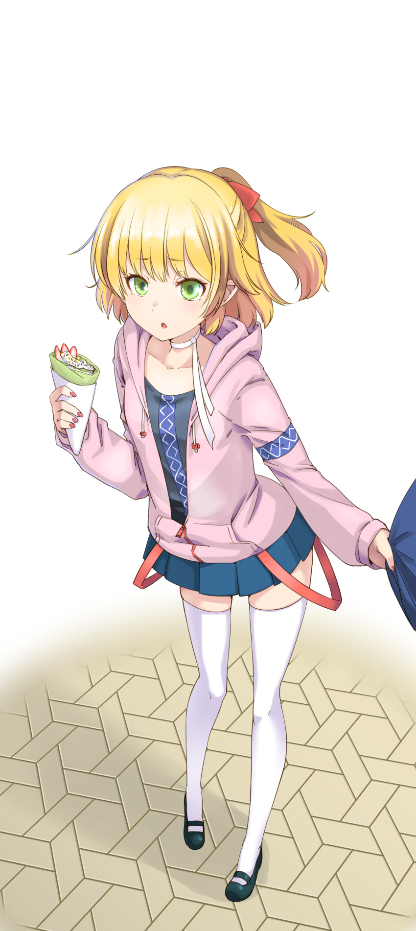 1girl absurdres alternate_costume bangs black_footwear black_shirt blonde_hair blue_skirt blush commentary_request contemporary crepe food full_body green_eyes half_updo highres holding holding_food hood hoodie iwatobi_hiro looking_at_viewer mary_janes miniskirt mizuhashi_parsee open_mouth pink_hoodie pointy_ears pov_dating shirt shoes short_hair short_ponytail skirt sleeve_pull thigh-highs touhou white_legwear
