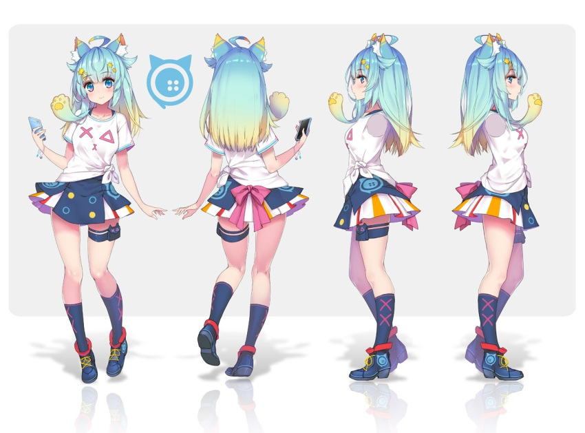 1girl ahoge animal_ear_fluff animal_ears blonde_hair blue_eyes blue_footwear blue_hair blue_legwear blue_skirt cellphone closed_mouth commentary concept_art contrapposto english_commentary gradient_hair holding holding_phone hong_(white_spider) indie_virtual_youtuber lanmewko looking_at_viewer miniskirt multicolored_hair multiple_views phone prehensile_hair shirt shoes short_sleeves skirt smartphone smile socks white_shirt
