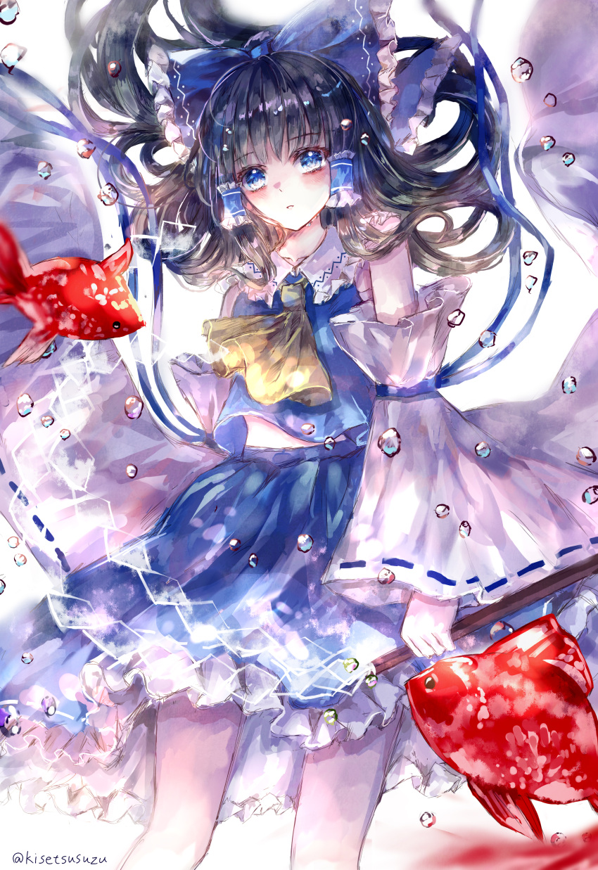 1girl absurdres alternate_color ascot bangs bare_shoulders black_hair blue_bow blue_eyes blue_shirt blue_skirt bow closed_mouth collar collared_shirt detached_sleeves eyebrows_visible_through_hair fish gohei hair_ornament hair_tubes hakurei_reimu highres huge_filesize long_sleeves medium_hair open_mouth shirt skirt solo standing suzushina touhou underwear water white_background white_sleeves wide_sleeves yellow_neckwear