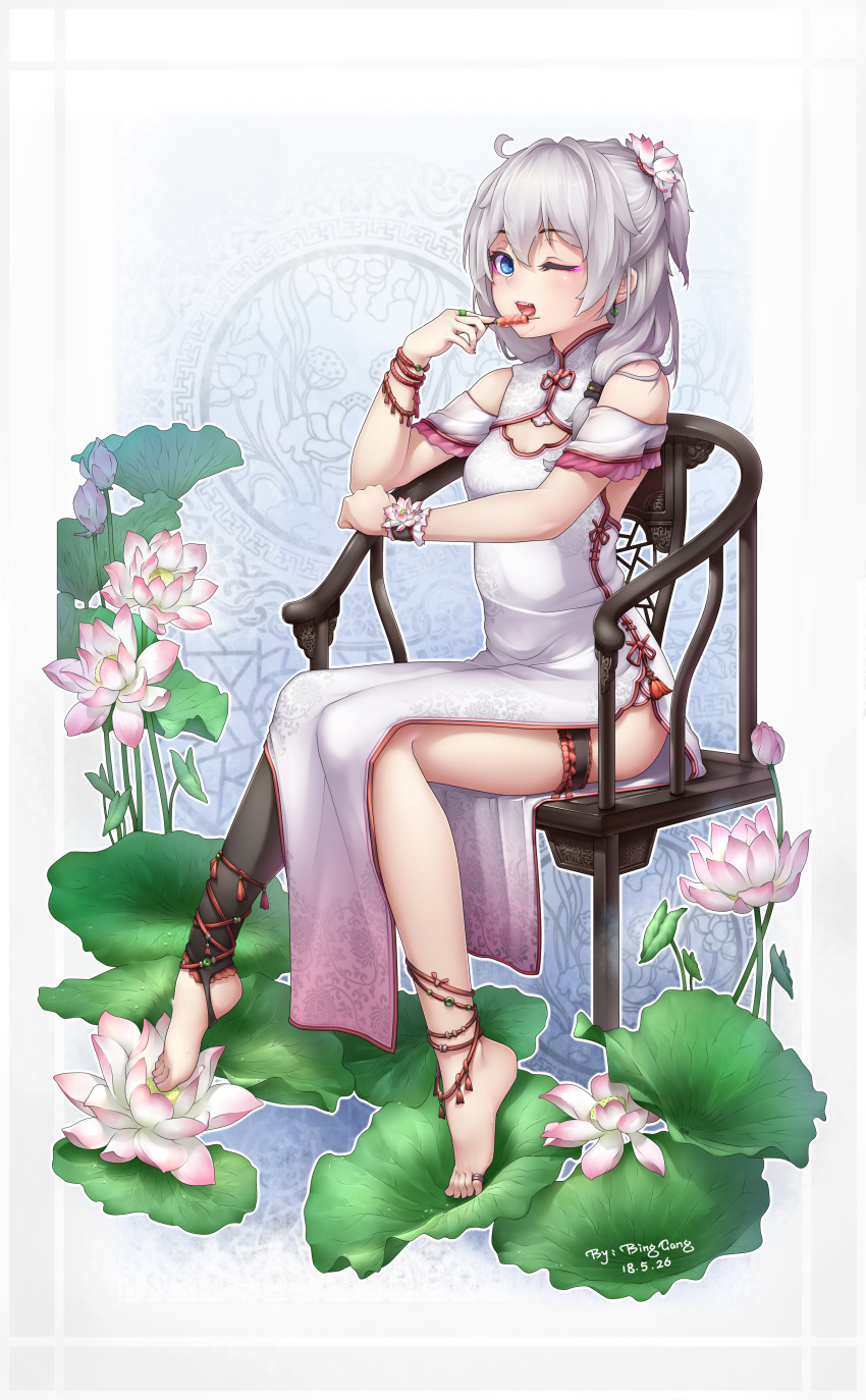 1girl :d absurdres bangs bare_shoulders barefoot bing_gang blue_eyes chair china_dress chinese_clothes dango dress eyeliner flower food full_body hair_between_eyes hair_flower hair_ornament highres holding holding_food honkai_(series) honkai_impact_3rd lily_pad long_hair looking_at_viewer makeup one_eye_closed open_mouth side_ponytail sitting sleeveless sleeveless_dress smile solo theresa_apocalypse toes wagashi white_dress white_flower white_hair