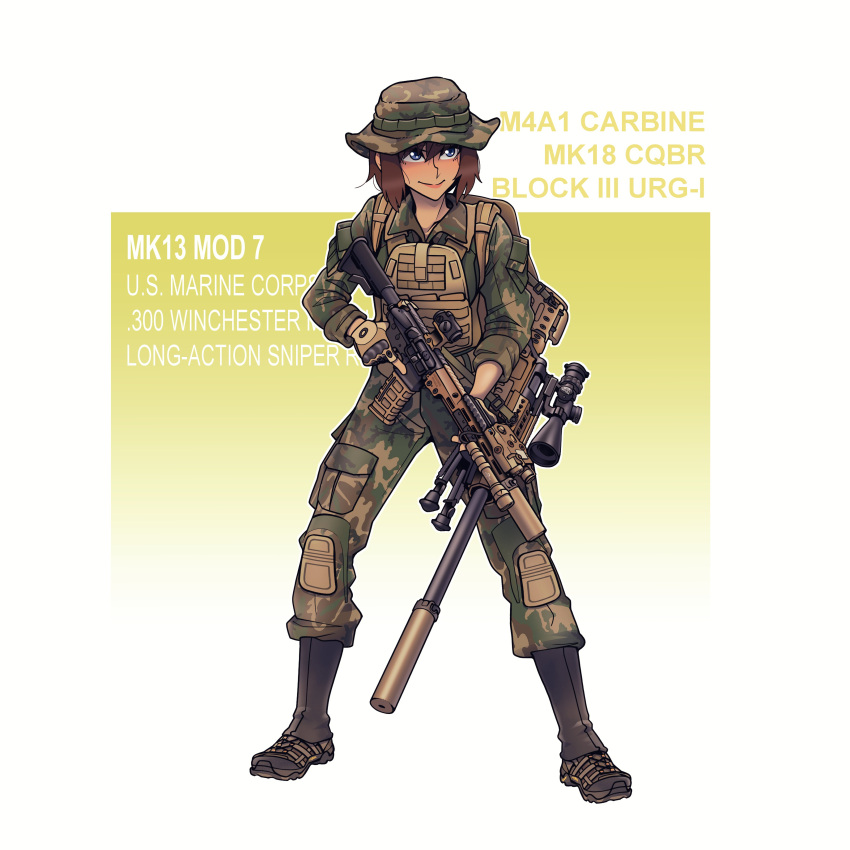 1girl absurdres ai_arctic_warfare assault_rifle bangs blue_eyes bolt_action boots brown_footwear brown_gloves brown_hair camouflage camouflage_headwear camouflage_jacket camouflage_pants closed_mouth fingerless_gloves full_body gloves gun hair_between_eyes hat highres holding holding_gun holding_weapon jacket long_sleeves m4_carbine military military_hat military_uniform mk_18_carbine original pants rifle short_hair simple_background smile sniper_rifle solo standing two-tone_background uniform united_states_marine_corps weapon white_background willy_pete yellow_background