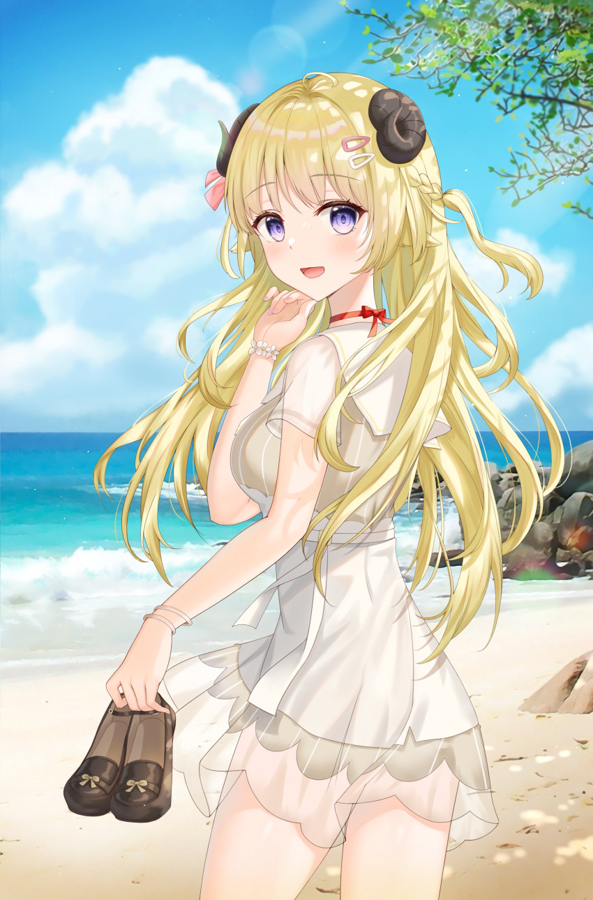 1girl :d absurdres animal_ears ass bangs beach blonde_hair blue_sky bow_choker braid choker clouds cloudy_sky commentary_request dress eyebrows_visible_through_hair eyes_visible_through_hair flower_bracelet from_behind hair_ornament hairclip hand_on_own_chin highres holding holding_shoes hololive horizon horns long_hair looking_at_viewer looking_back ocean open_mouth ribbon_choker sheep_ears sheep_horns shoes short_sleeves sidelocks single_braid sky smile solo tsunomaki_watame two_side_up ugi_(ugi_rns) violet_eyes white_dress