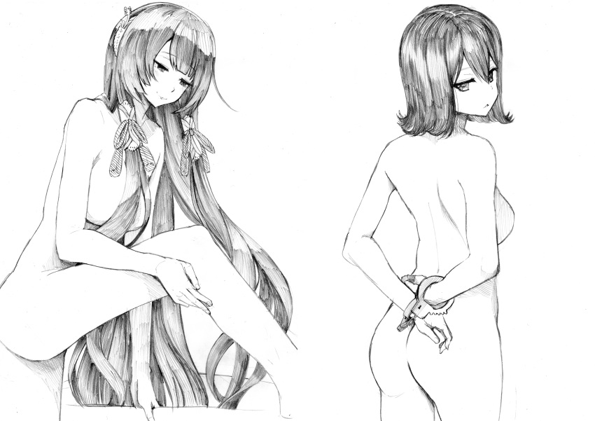 2girls akitsu_maru_(kancolle) ass bangs bound bound_wrists breasts cuffs from_behind greyscale hair_ornament hair_ribbon handcuffs head_tilt highres kantai_collection large_breasts lips long_hair looking_at_viewer mizuho_(kancolle) monochrome multiple_girls nude parted_lips ribbon short_hair simple_background sitting smile traditional_media tress_ribbon tsuji_kazuho