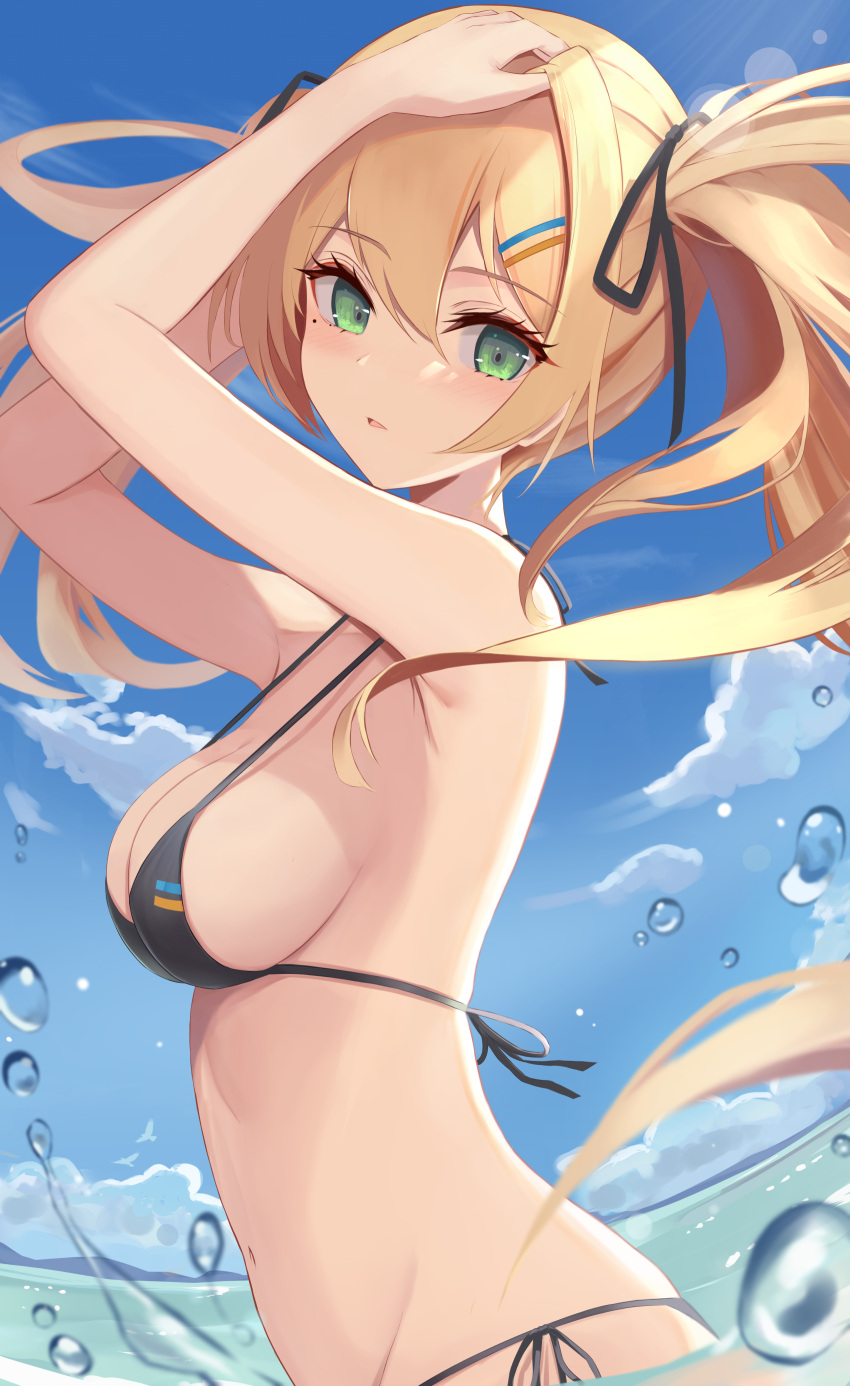 1girl absurdres armpits arms_up beach bikini black_bikini blonde_hair breasts from_side green_eyes hair_ornament hairclip hand_on_head highres in_water looking_at_viewer medium_breasts navel original solo sorami_sachi swimsuit twintails upper_body water wet