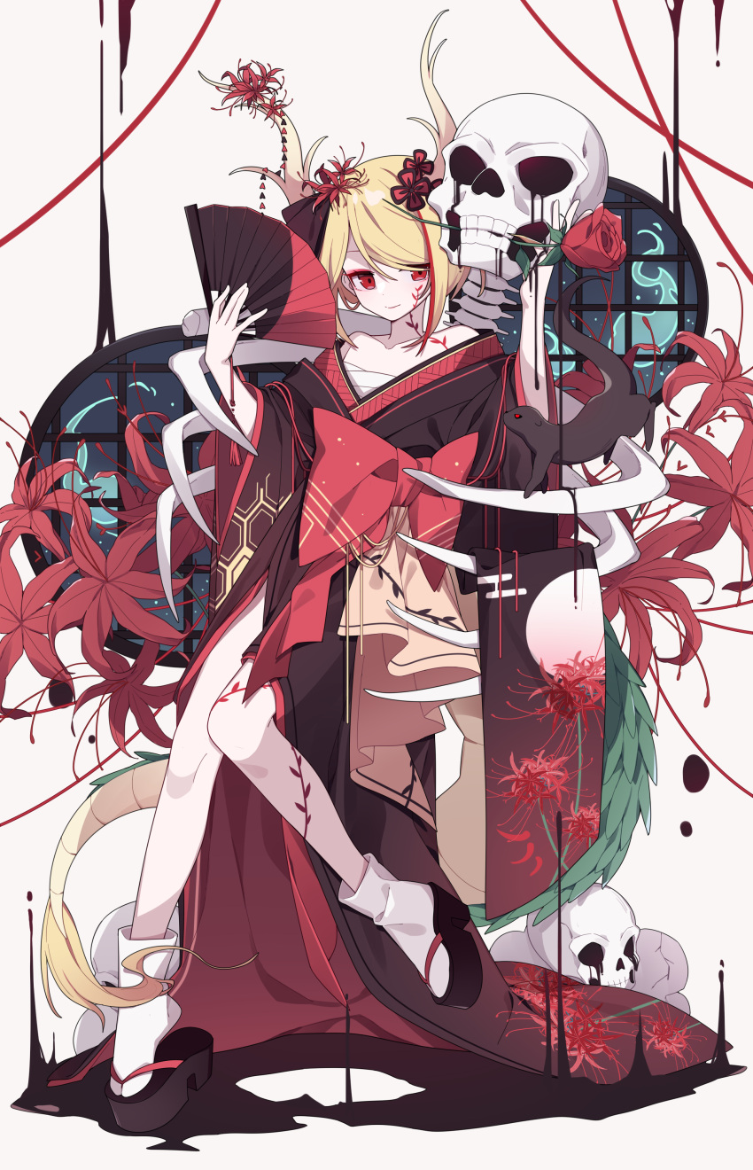 1girl absurdres alternate_costume animal blonde_hair closed_mouth dragon_horns dragon_tail floral_print flower folding_fan gla hand_fan highres holding holding_fan horns kicchou_yachie long_sleeves red_eyes sarashi short_hair simple_background skeleton skull smile solo spider_lily tabi tail touhou white_background white_legwear wide_sleeves