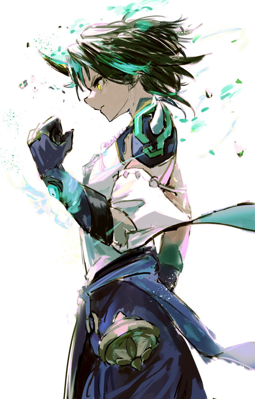 1boy absurdres armor black_hair blue_gloves blue_pants closed_mouth commentary_request cowboy_shot debris elbow_gloves from_side frown genshin_impact gloves green_hair highres horns male_focus multicolored_hair otoma_(matoi0603) pants profile shirt short_hair short_sleeves shoulder_armor simple_background single_horn solo streaked_hair white_background white_shirt xiao_(genshin_impact) yellow_eyes