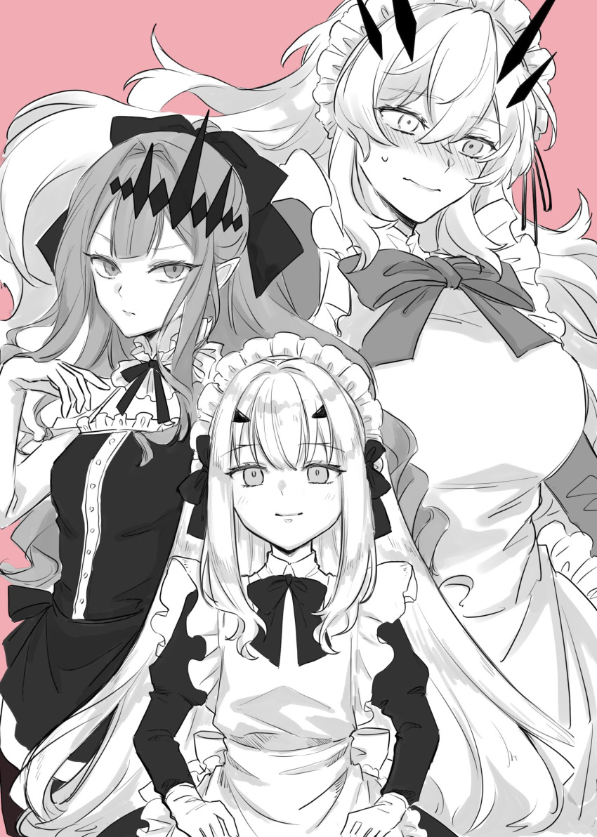 3girls alternate_costume apron blush bow enmaided fairy_knight_gawain_(fate) fairy_knight_lancelot_(fate) fairy_knight_tristan_(fate) fate/grand_order fate_(series) highres itokon300 long_hair maid maid_apron maid_headdress multiple_girls pink_background pointy_ears smile