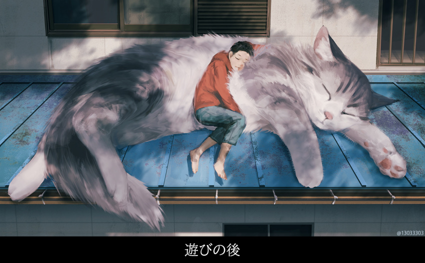 1boy animal animal_ears arizuka_(13033303) barefoot black_hair blue_shorts building cat cat_ears closed_eyes fluffy hood hoodie lying no_shoes on_side original oversized_animal red_hoodie rooftop shadow shorts sleeping solo translation_request tree_shade window