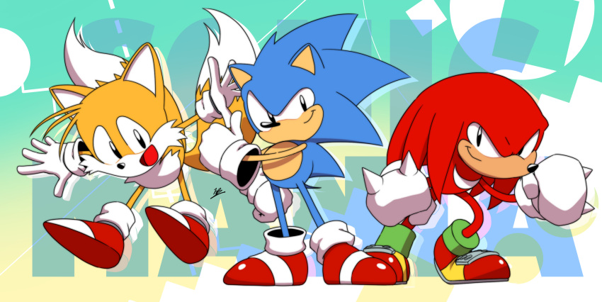 3boys :d animal_nose anniversary banel_springer closed_mouth commentary_request copyright_name furry gloves highres knuckles_the_echidna male_focus multiple_boys multiple_tails open_mouth red_footwear shoes smile sneakers snout sonic_(series) sonic_mania sonic_the_hedgehog sonic_the_hedgehog_(classic) tail tails_(sonic) thumbs_up two_tails white_gloves