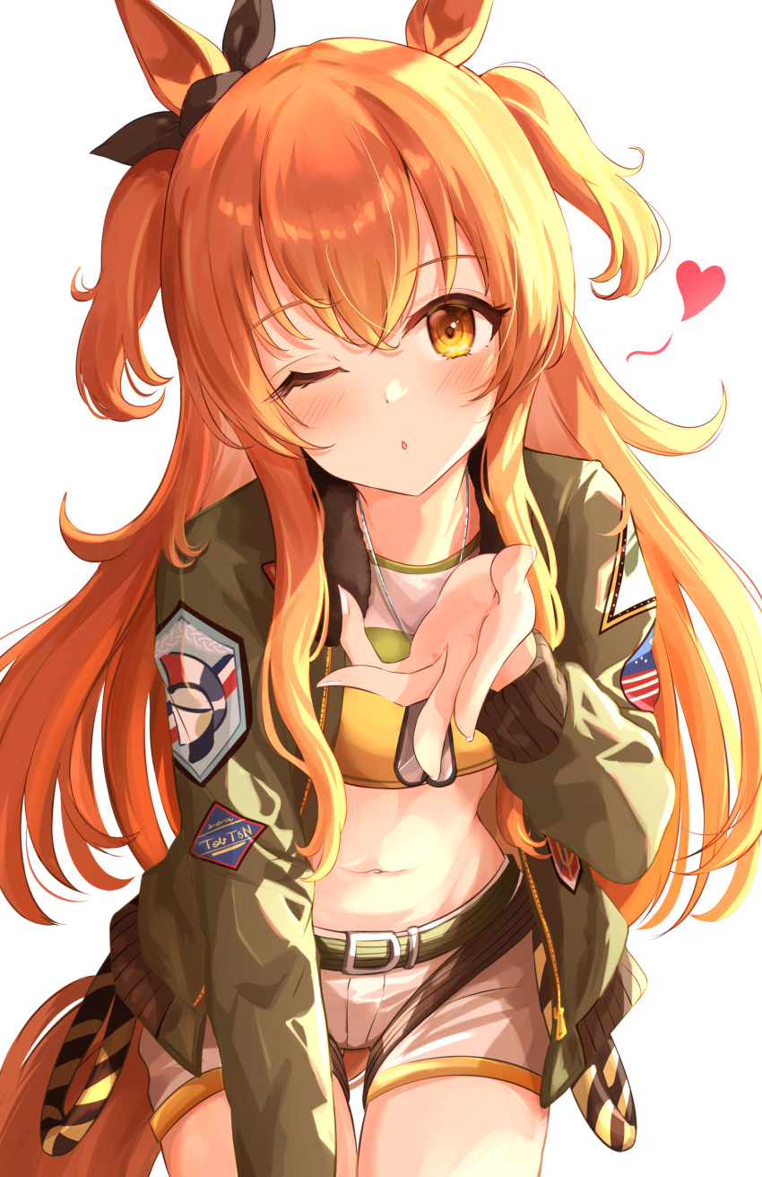 1girl absurdres animal_ears bangs black_bow blowing_kiss blush bow cowboy_shot crop_top duplicate ear_bow eyebrows_visible_through_hair green_jacket heart highres horse_ears horse_girl horse_tail jacket long_hair long_sleeves looking_at_viewer mayano_top_gun_(umamusume) midriff navel one_eye_closed open_clothes open_jacket orange_eyes orange_hair pixel-perfect_duplicate shirt short_shorts shorts simple_background sky_cappuccino solo tail thigh_gap twintails two_side_up umamusume very_long_hair white_background white_shorts yellow_shirt