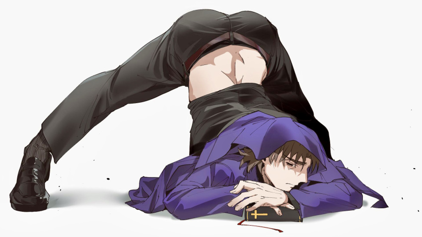 1boy ass bangs bible black_footwear black_pants book brown_eyes brown_hair cassock closed_mouth cross fate/stay_night fate_(series) flexible highres holding holding_book jack-o'_challenge jarjarrua kotomine_kirei long_sleeves male_focus pants shadow simple_background solo top-down_bottom-up white_background