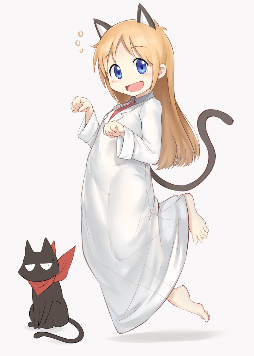 1girl 1other :d absurdres animal animal_ears aomoro barefoot blue_eyes cat cat_ears cat_tail chinese_commentary coat eyebrows_visible_through_hair full_body highres labcoat long_hair long_sleeves looking_at_viewer necktie nichijou open_mouth orange_hair professor_shinonome red_neckwear sakamoto_(nichijou) smile tail white_coat
