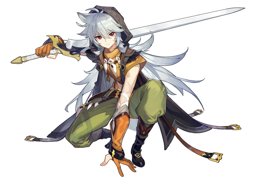1boy absurdres ahoge belt boots fingerless_gloves full_body genshin_impact gloves grey_hair highres hood jewelry long_hair necklace official_art razor_(genshin_impact) red_eyes scar solo sword transparent_background weapon