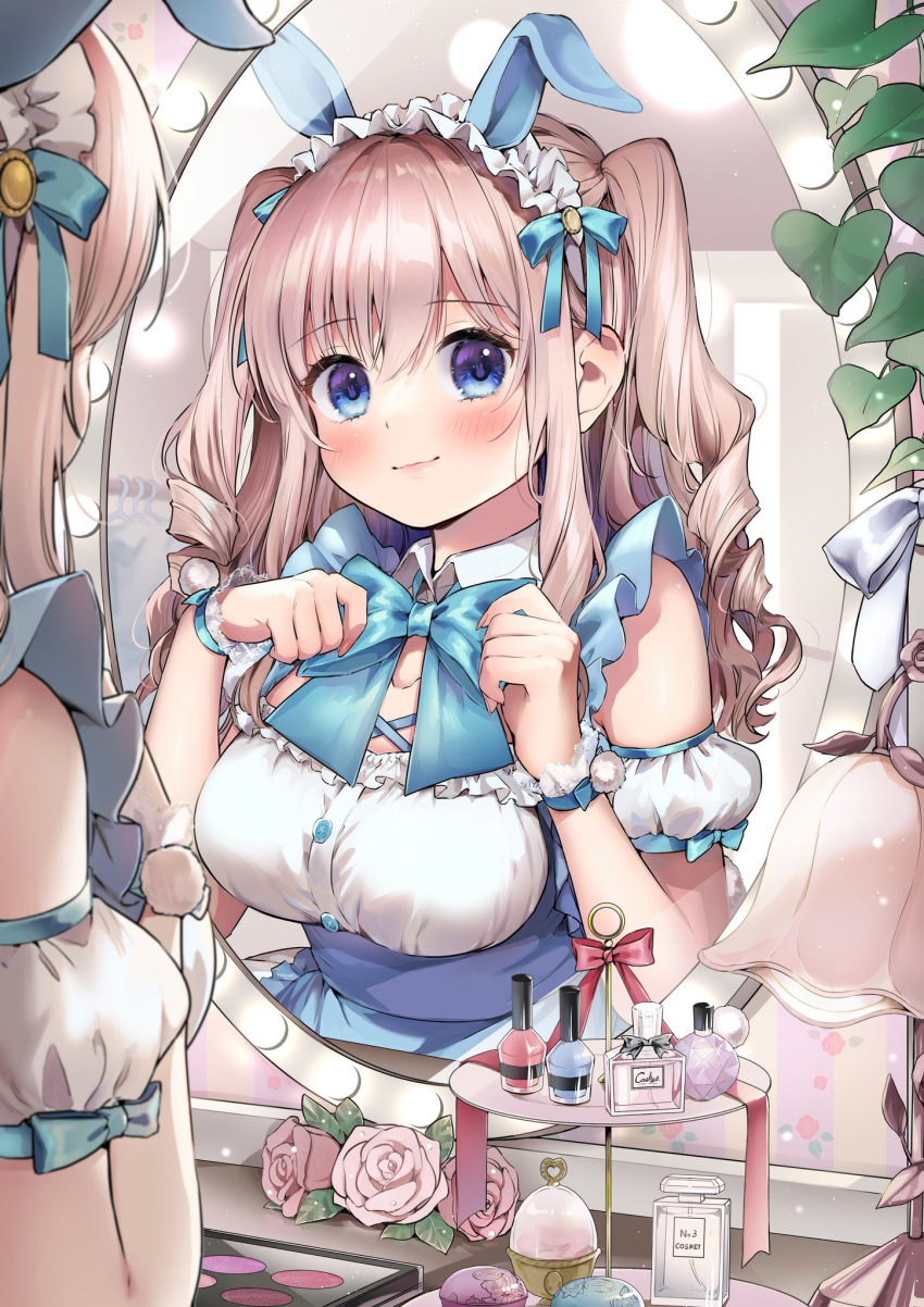 1girl adjusting_bow animal_ears blue_bow blue_eyes blue_neckwear blue_ribbon blush bottle bow bowtie breasts brown_hair closed_mouth desk_lamp fake_animal_ears flower geshumaro hair_ribbon hands_up highres ivy lamp looking_at_viewer medium_breasts mirror nail_polish_bottle original perfume_bottle pink_flower rabbit_ears reflection ribbon smile solo twintails upper_body wristband