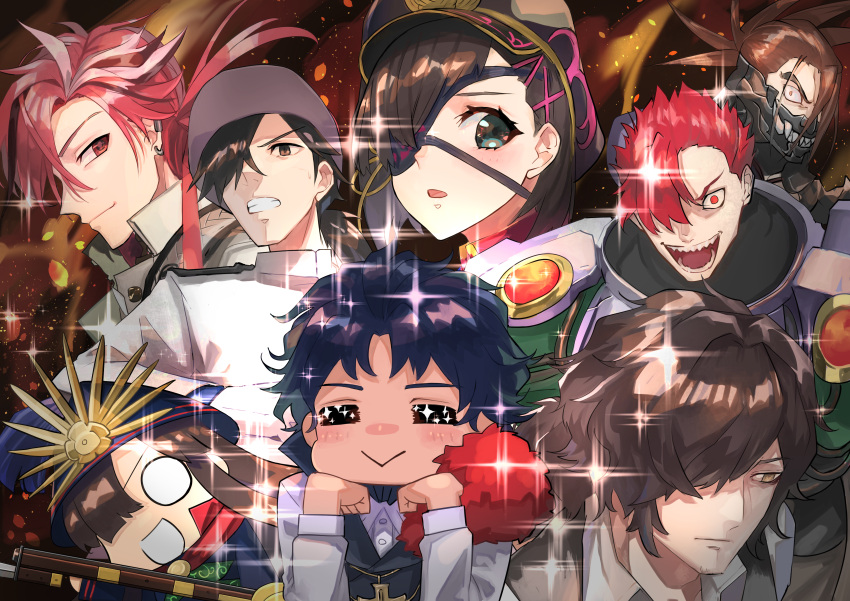 1girl 1other 6+boys =_= absurdres angry armor bartholomew_roberts_(fate) black_eyepatch black_hair brown_eyes chibi eyepatch fate/grand_order fate_(series) green_eyes gun hair_intakes hair_over_one_eye hakohako-does hat highres jitome long_hair looking_at_viewer looking_away mask mori_nagayoshi_(fate) multiple_boys mysterious_ranmaru_x_(fate) oda_nobunaga_(fate) oda_nobunaga_(koha/ace) okada_izou_(fate) open_mouth petals ponytail print_eyepatch red_eyes redhead sakamoto_ryouma_(fate) sharp_teeth shiny shiny_hair smile sparkle spiky_hair takasugi_shinsaku_(fate) tanaka_shinbei_(fate) teeth thick_eyebrows weapon wide-eyed