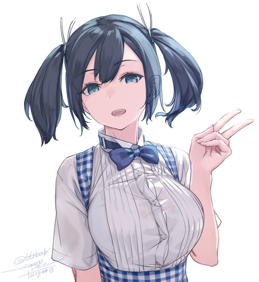 1girl alternate_costume apron bangs blue_apron blue_bow blue_eyes blue_hair blue_neckwear bow bowtie breasts dated ears_visible_through_hair eyebrows_visible_through_hair gingham gingham_apron hair_ribbon hand_up highres kantai_collection kobeya_uniform large_breasts looking_at_viewer one-hour_drawing_challenge open_mouth ribbon rokuwata_tomoe short_sleeves sidelocks signature simple_background solo souryuu_(kancolle) twintails twitter_username underbust upper_body upper_teeth v white_background