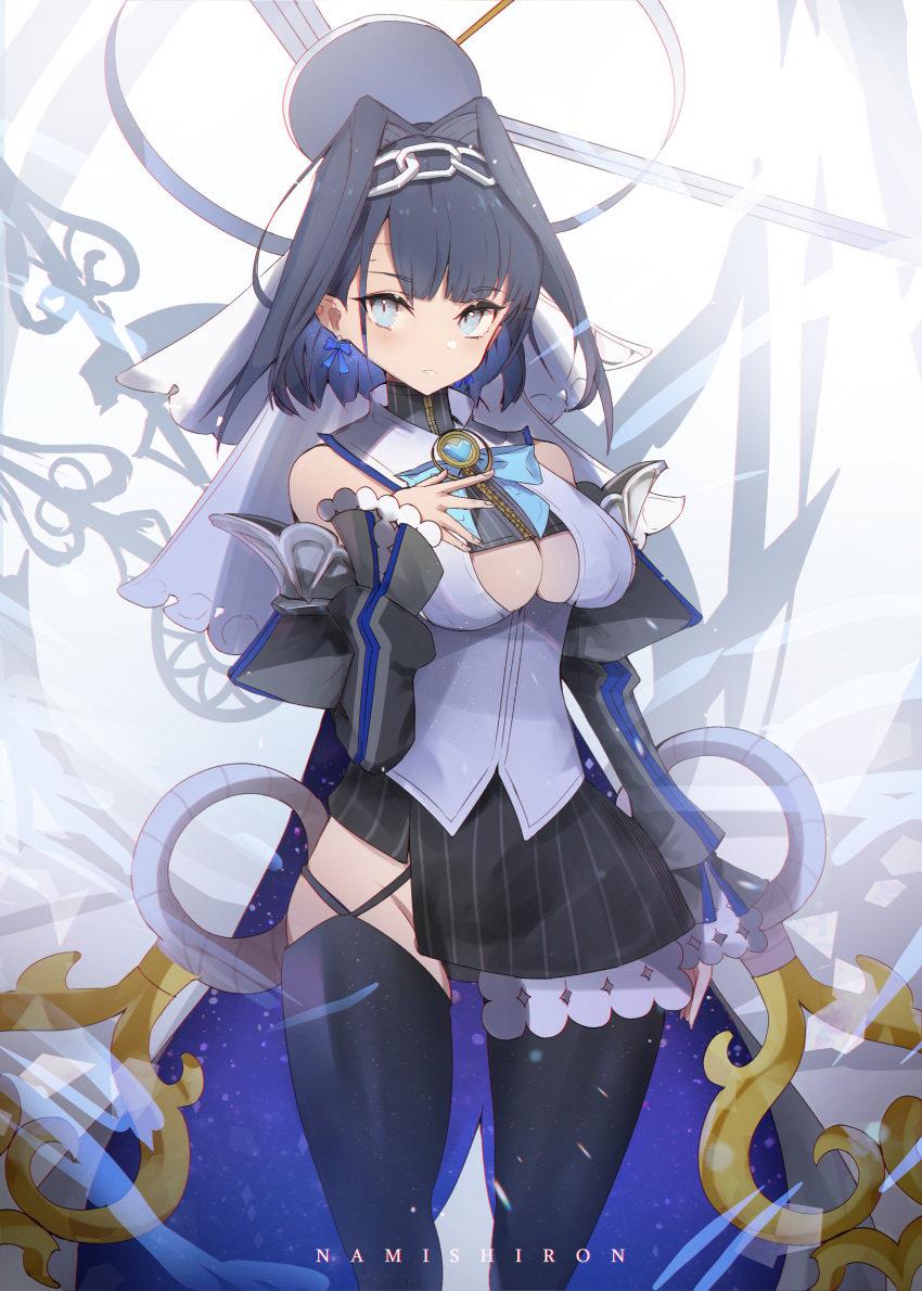 1girl absurdres asymmetrical_clothes bangs bare_shoulders black_hair black_legwear blade blue_bow blue_eyes blue_hair bow bow_earrings breasts chain clock clothing_cutout detached_sleeves earrings eyebrows_visible_through_hair hair_intakes hand_on_own_chest heart highres hololive hololive_english jewelry large_breasts long_sleeves looking_at_viewer namishiron ouro_kronii pinstripe_pattern puffy_long_sleeves puffy_sleeves short_hair solo striped thigh-highs underboob_cutout veil virtual_youtuber zipper